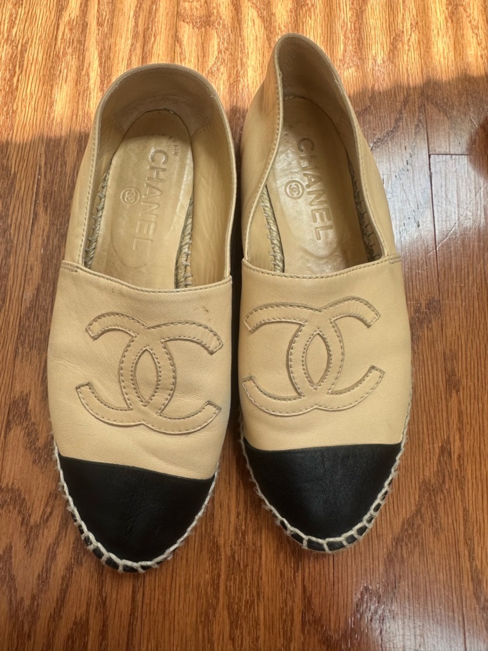 CHANEL Beige and Black Leather Espadrilles with CC Logo